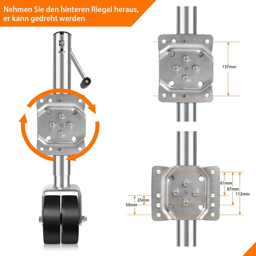 Anhänger Schwerlast Stützrad 57 mm Klappbar, Stützlast 680 kg mit Montiersatz und 6 Zoll Vollgummire