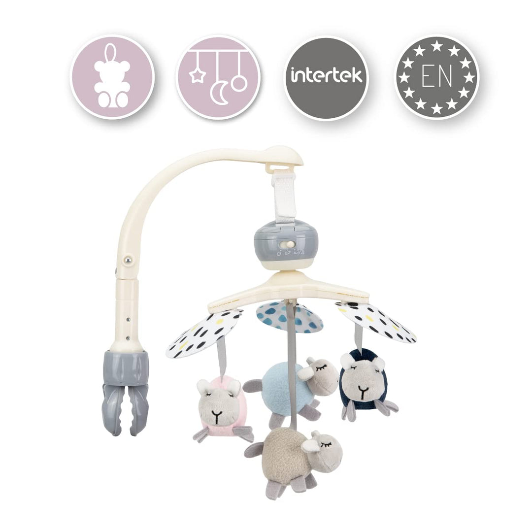 MoMi KIKI Baby-Mobile Spielkarussell mit 4 sensorischen Spielzeugen, schnelle Montage, 5 Melodien +