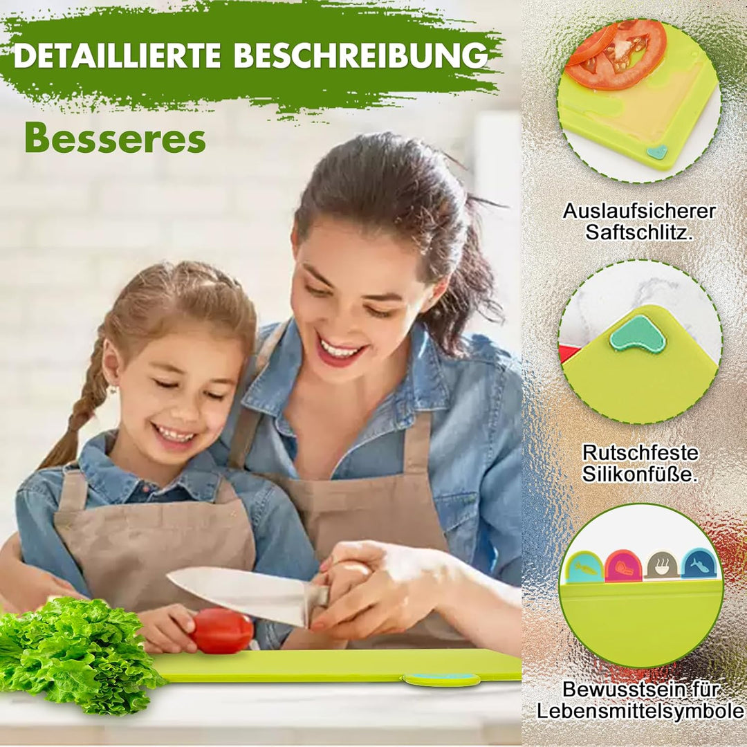 Schneidebrett Set, Farbe Kunststoff Schneidebretter mit Lebensmittel-Icons & Tablettboden, Rutschfes