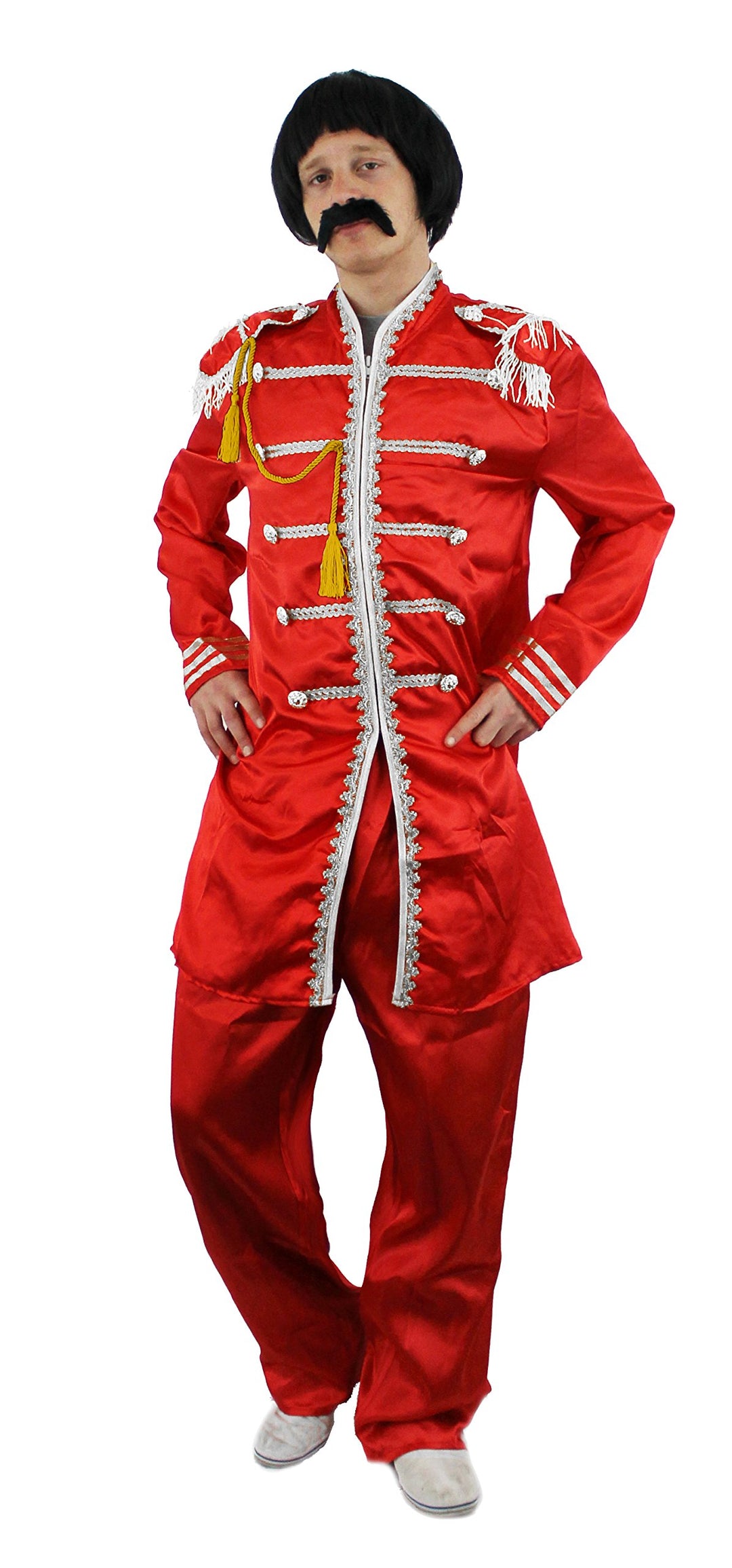 ILOVEFANCYDRESS SERGEANT Pepper KOSTÜM MIT PERÜCKE & BART & Sonnenbrille IN ROT MIT GELBER Kordel GR