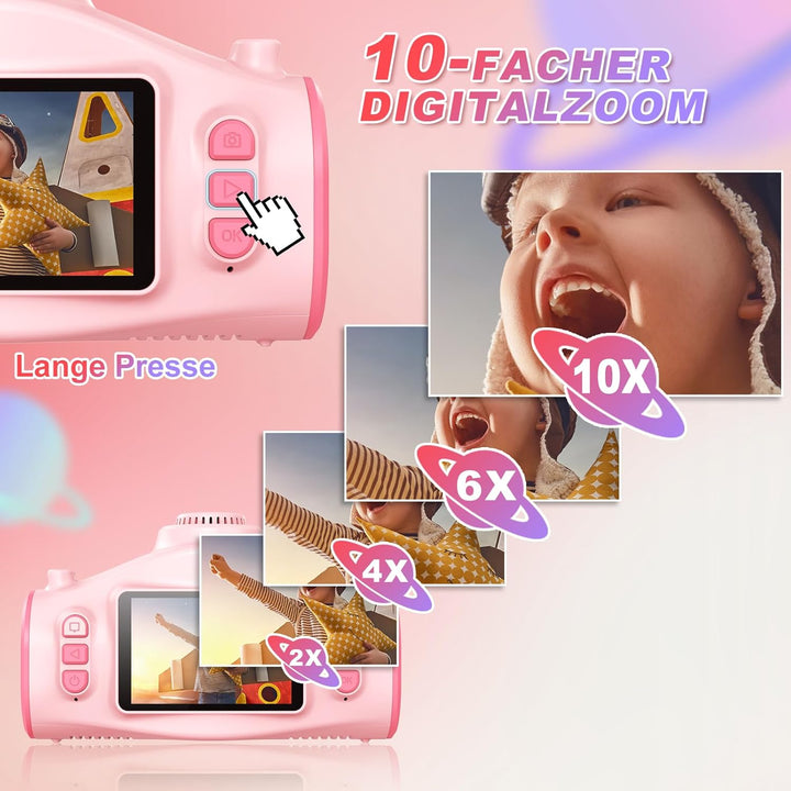 2 in 1 Kinderkamera mit Projektion, Stativ, 32GB-Karte, grosser Akku, Geschenk für 3-12 Jahre (Rosa)