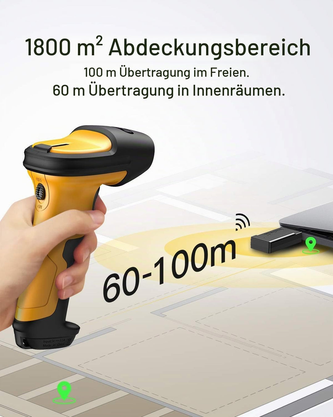 Inateck Barcode Scanner Wireless 2.4GHz, Akku mit 2600 mAh, 60 m Reichweite, automatisches Abtasten