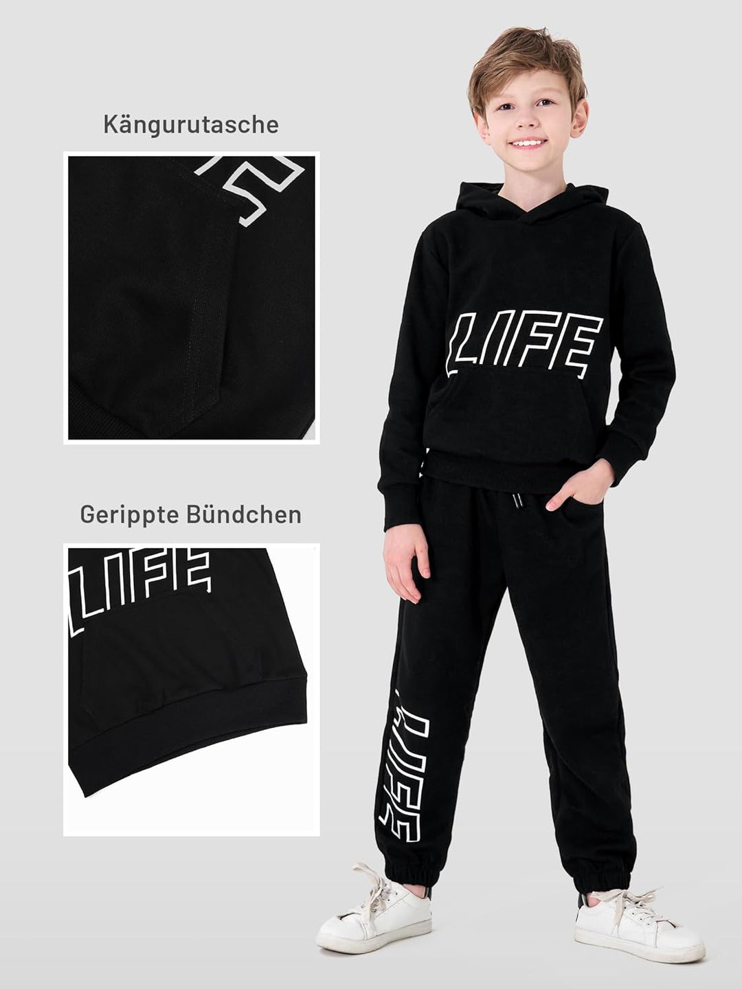 NATUST Kinder Trainingsanzug Jungen Mädchen Sportanzug Einfarbig Sweat Jogginganzug 120 Schwarz, 120