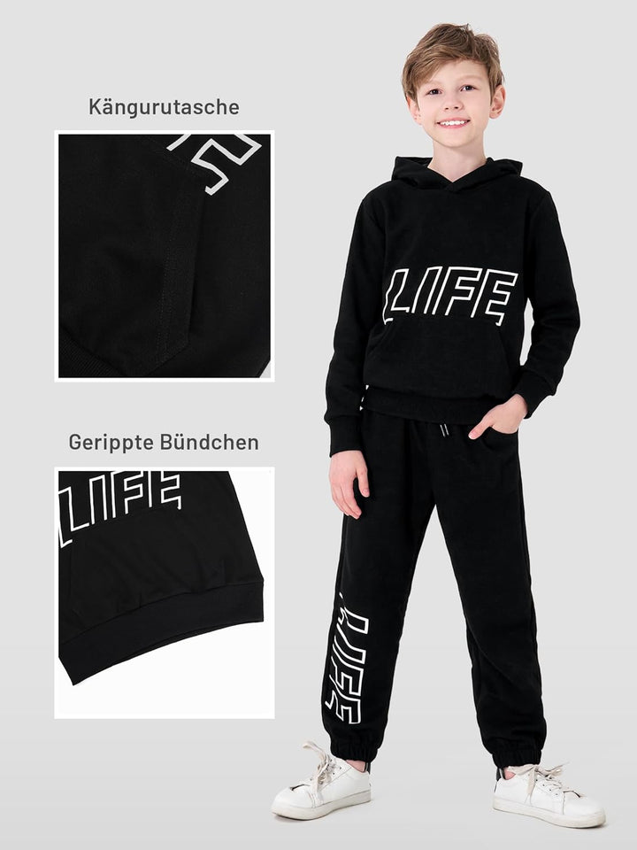 NATUST Kinder Trainingsanzug Jungen Mädchen Sportanzug Einfarbig Sweat Jogginganzug 120 Schwarz, 120