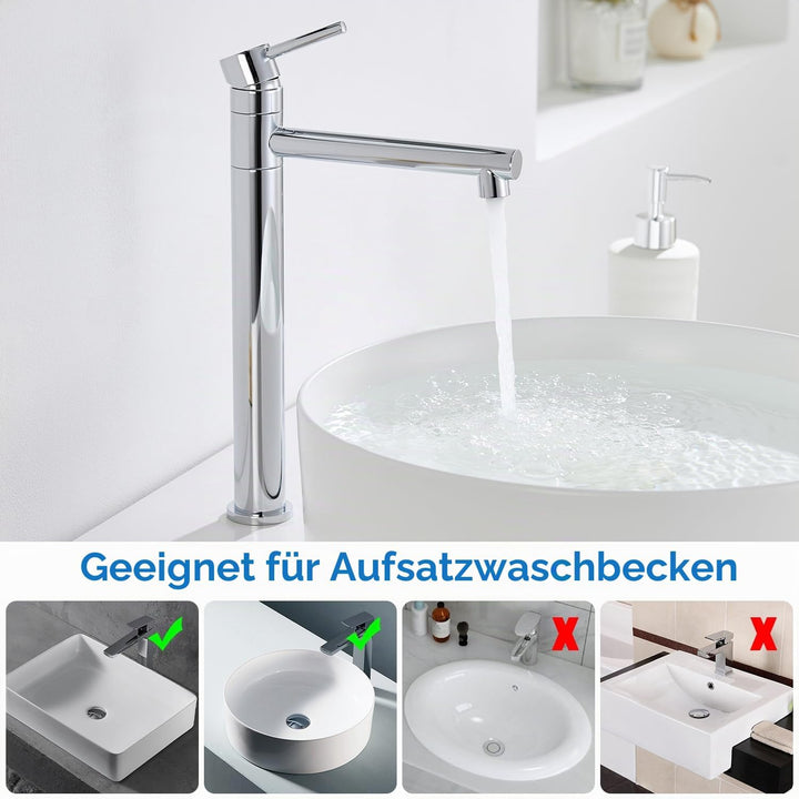 HanCrobiyx Wasserhahn Bad Hoch, Waschtischarmatur Aufsatzwaschbecken Armatur Badezimmer 360° Drehbar