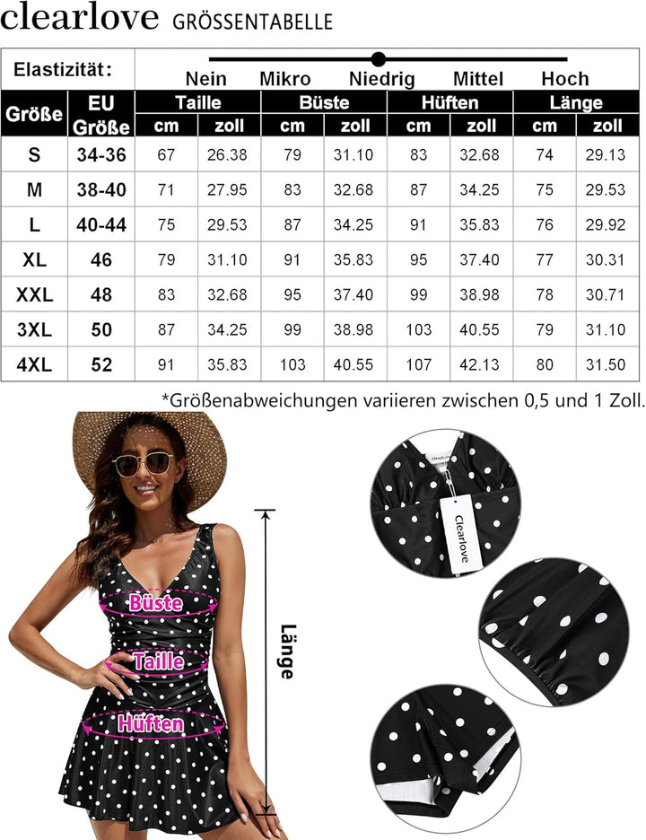 Clearlove Damen Badeanzug Einteiler Schwimmanzug Rüschen Retro Strandmode Einfarbig Bademode Bikini（