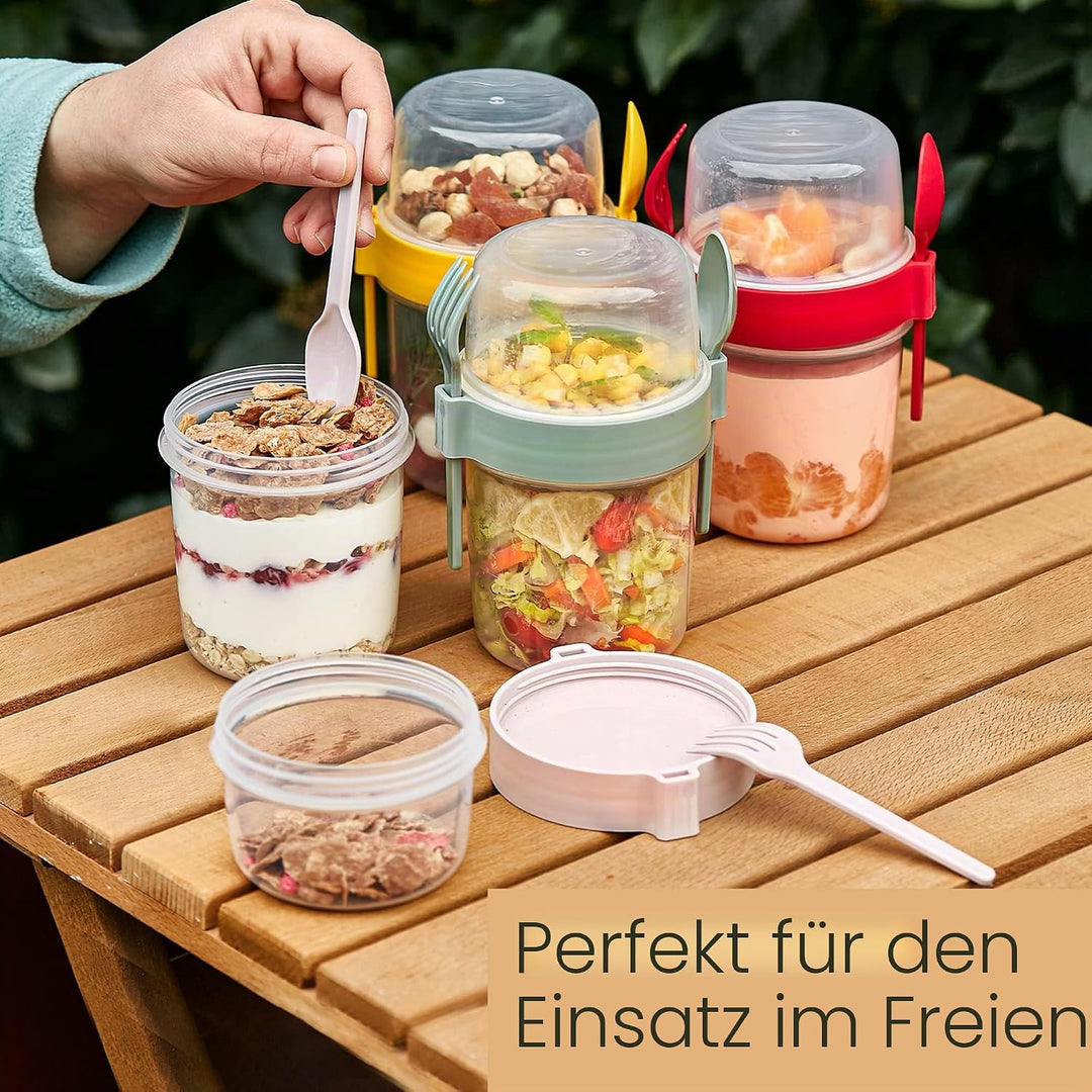 CRYSTALIA Müslibecher to Go mit Löffel & Gabel Set 4, 100 % BPA-FREI Joghurt Becher to Go mit Deckel