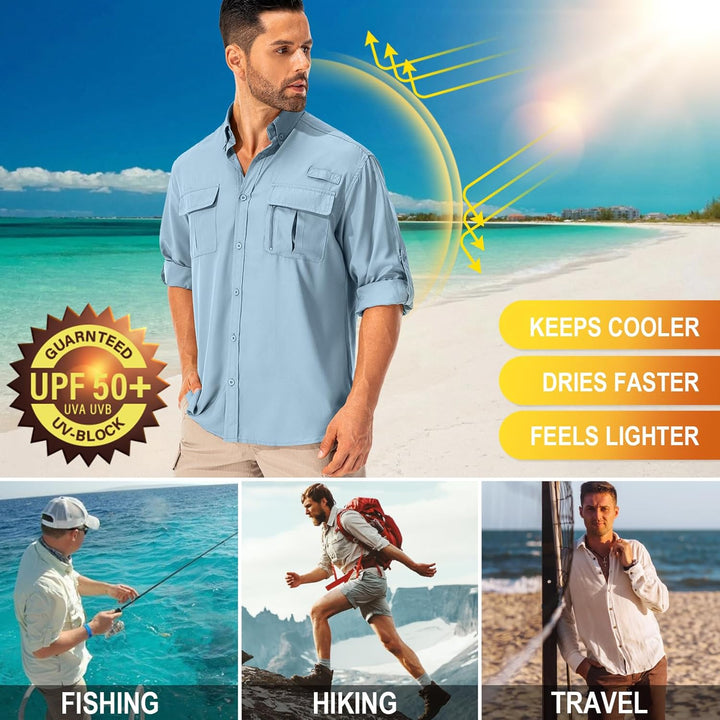 Asfixiado Hemd Herren Safari UPF50+ UV Schutz Wanderhemd Herren Langarm Funktionshemd Outdoorhemd At
