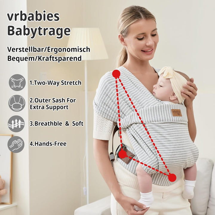 vrbabies Babytrage für Neugeborene ab Geburt Extra Weich, Bauchtrage Baby-Tragetasche Ergonomisch (S
