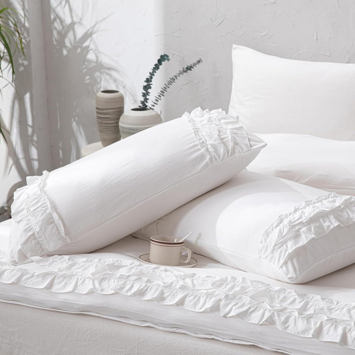 Herside Weiss Rüsche Bettwäsche 240x220 cm Böho Bettwäsche Sets 2-Schicht Weiss Rüschen Design Weich