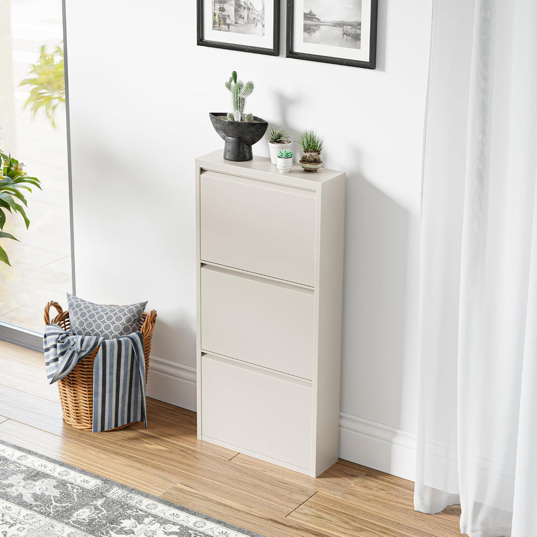 [en.casa] Schuhschrank Sokndal Schuhkipper mit 3 Klappen Metall Schuhkommode für 6 Paar Schuhe 104 x