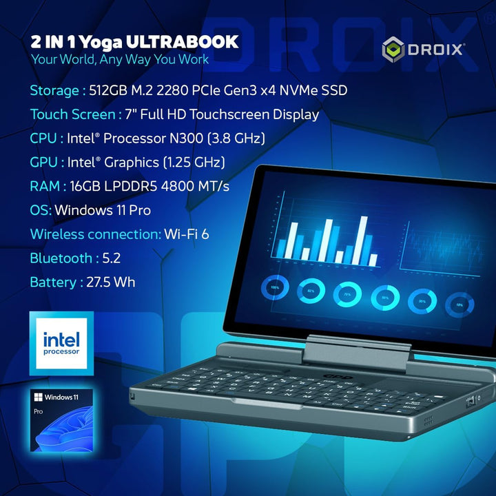 GPD MicroPC 2 Windows 11 PRO tragbarer Mini-Laptop mit 7-Zoll-1080P-Display | N300 Intel-Prozessor,