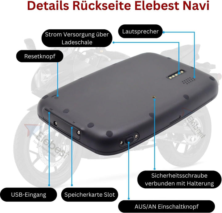 Elebest Rider W5 – 5 Zoll Motorrad-Navi | Wasserdicht (IPX7), Stabile Lenkerhalterung, Radarwarnung,
