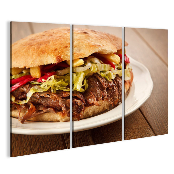 Bild Bilder auf Leinwand Döner Kebab - gegrilltes Fleisch, Brot und Gemüse Shawarma Sandwich Wandbil