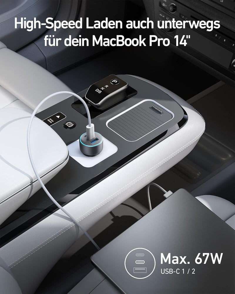 Anker USB-C 535 Car Charger, 67W KFZ-Ladegerät, Auto Schnellladegerät mit 3 Anschlüssen, PIQ 3.0 für