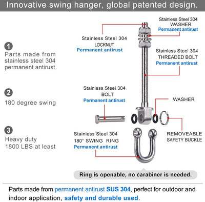 SELEWARE Strapazierfähiger Schaukel Aufhänger aus Edelstahl, Schaukelhaken für Holzbalken und Stahlt