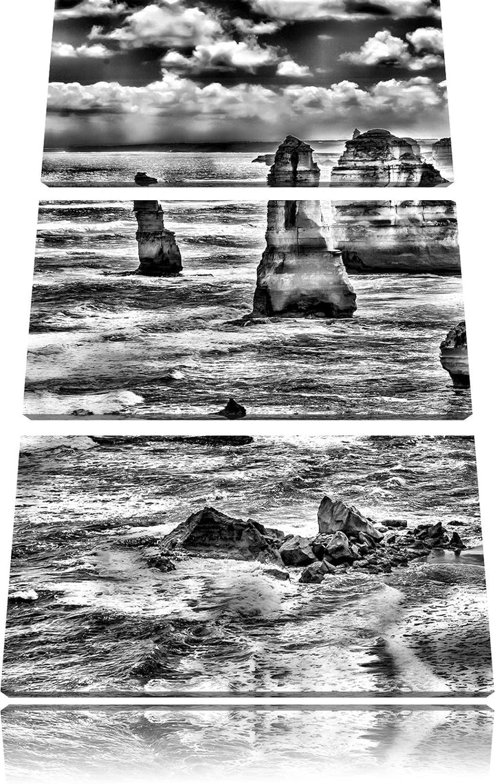 Pixxprint Monocrome, Meer klippe küste Sonnenaufgang Steine Strand 3-Teiler Leinwandbild 120x80 Bild