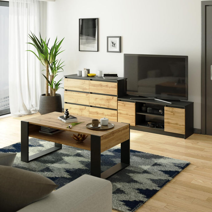 VBChome Kommode mit 6 Schubladen, Anthrazit-Artisan, 120 x 39 x 81 cm, Grifflose Holz-Schubladenkomm