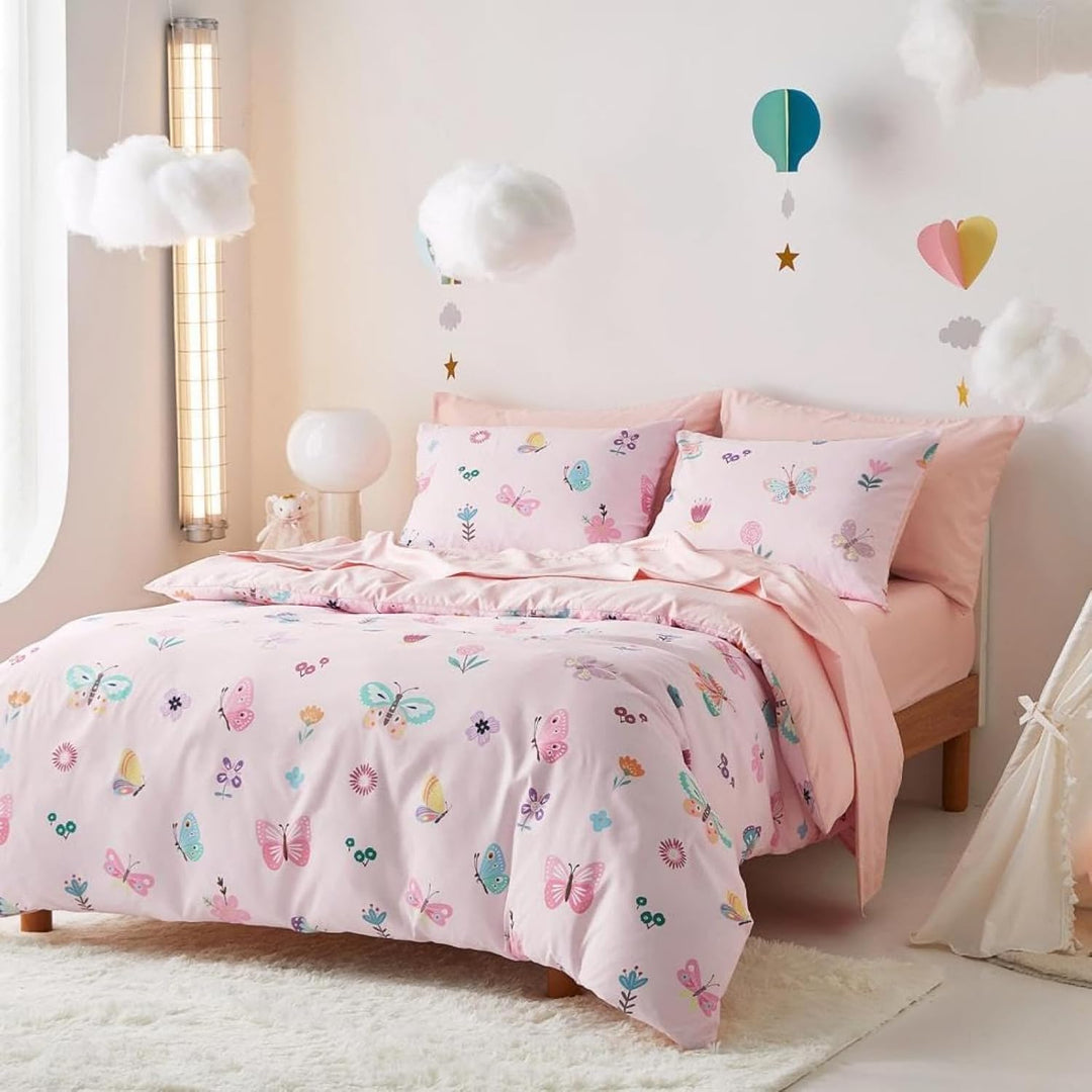 Freyamy Kinder Bettwäsche 100x135cm 2teilig Rosa Bunt Schmetterling Blume Wendebettwäsche Gebürstet