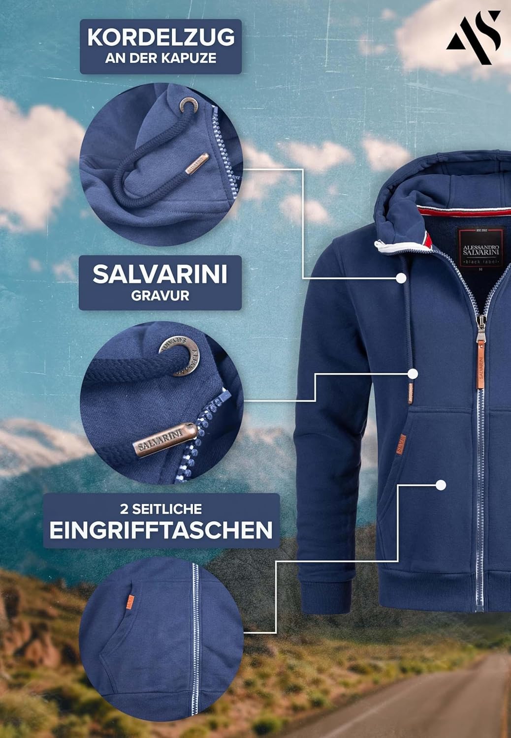 ALESSANDRO SALVARINI Herren Sweatjacke (S-3XL) mit Kapuze - Leicht, Atmungsaktiv, Kapuzenpullover mi