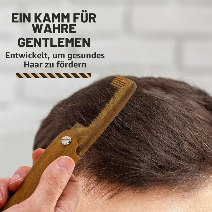 Faltbarer Holzkamm – 100% massives Buchenholz – feine Zähne im Taschenformat für Bart, Schnurrbart,
