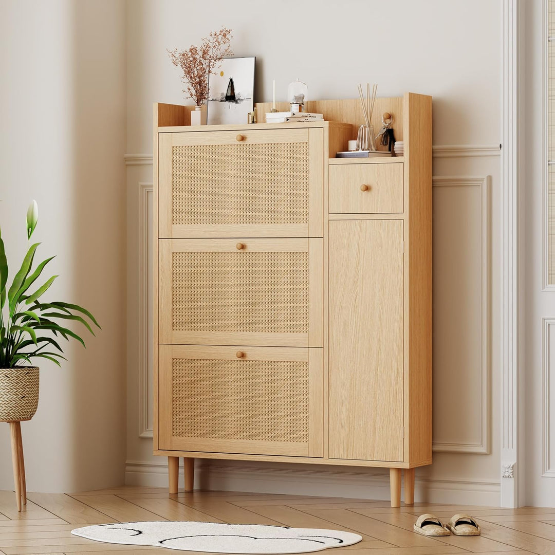 Merax Schuhkipper Schmal, Holzwerkstoff Schuhschrank aus Rattan, Schuhregal mit 3 Klappenschubladen,