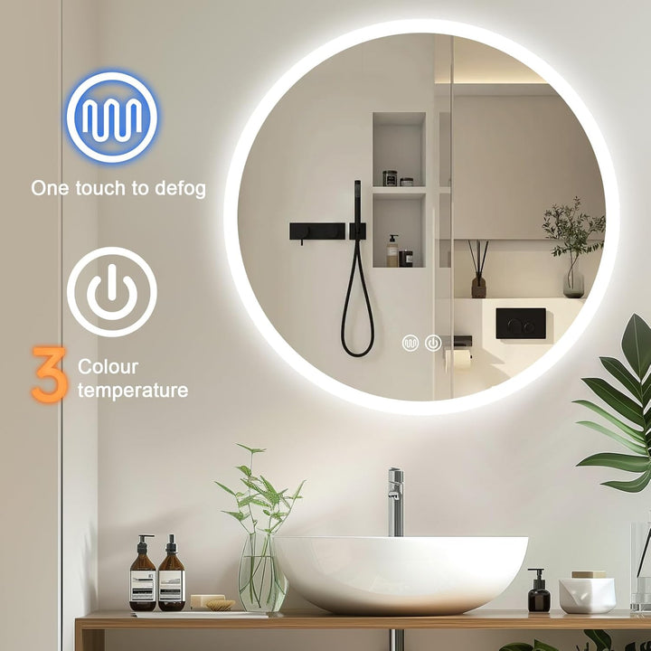 Spiegel mit Beleuchtung, 70cm Rund LED Spiegel mit Touch-Schalter, Dimmbar, 3 Lichtfarbe Einstellbar
