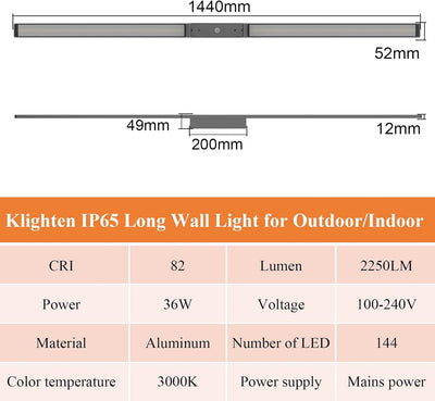 Klighten Lange Wandleuchte LED Aussen Innen 36W 2250LM, Aussenwandleuchten Wasserdicht IP65 Aussenle