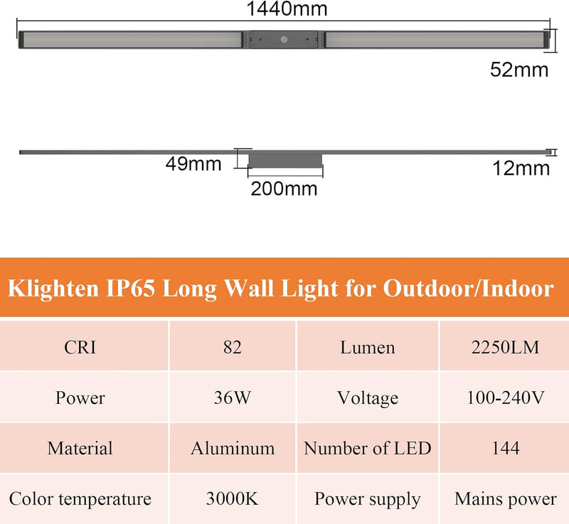 Klighten Lange Wandleuchte LED Aussen Innen 36W 2250LM, Aussenwandleuchten Wasserdicht IP65 Aussenle