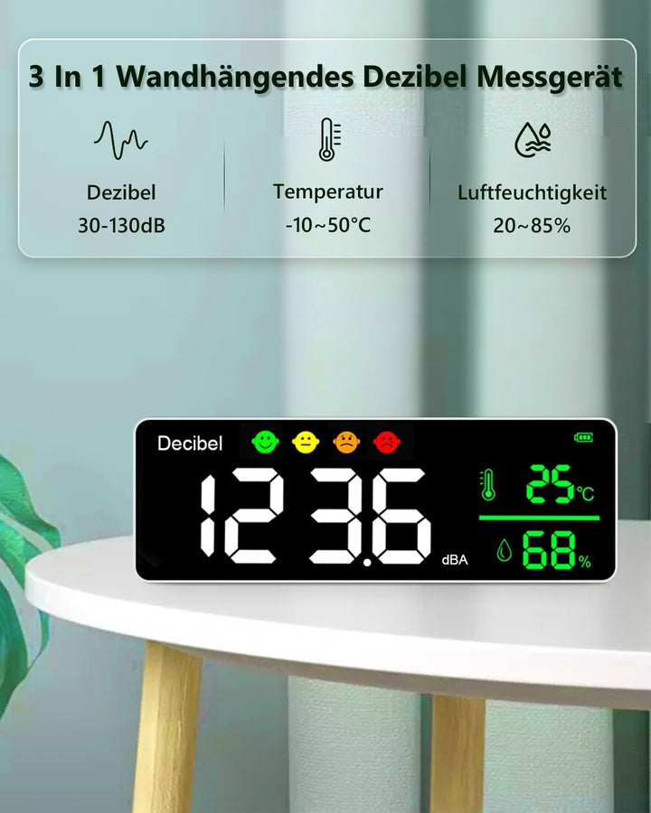 Digitaler Dezibelmessgerät, 3 In 1 Schallpegelmesser Wandbehang Schallpegelmessgerät mit Temperatur
