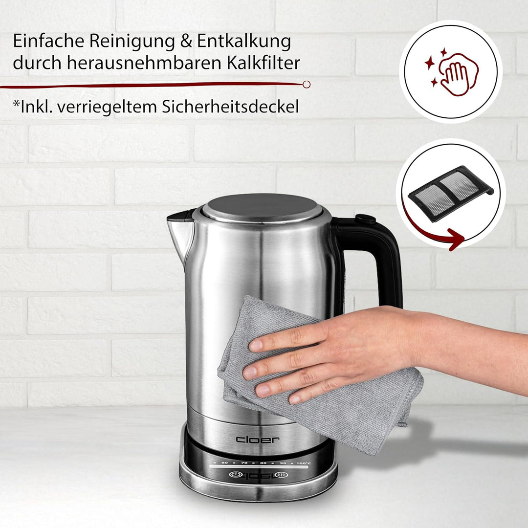 Cloer 4459 Touch-Wasserkocher, Basisstation mit Glasoberfläche-LED-Anzeige, 1,7 Liter, Edelstahl Tou