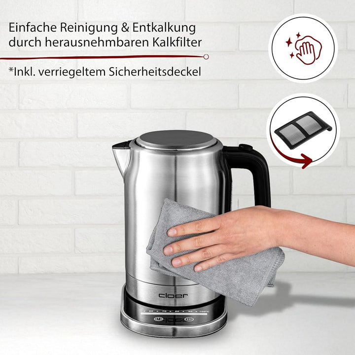 Cloer 4459 Touch-Wasserkocher, Basisstation mit Glasoberfläche-LED-Anzeige, 1,7 Liter, Edelstahl Tou