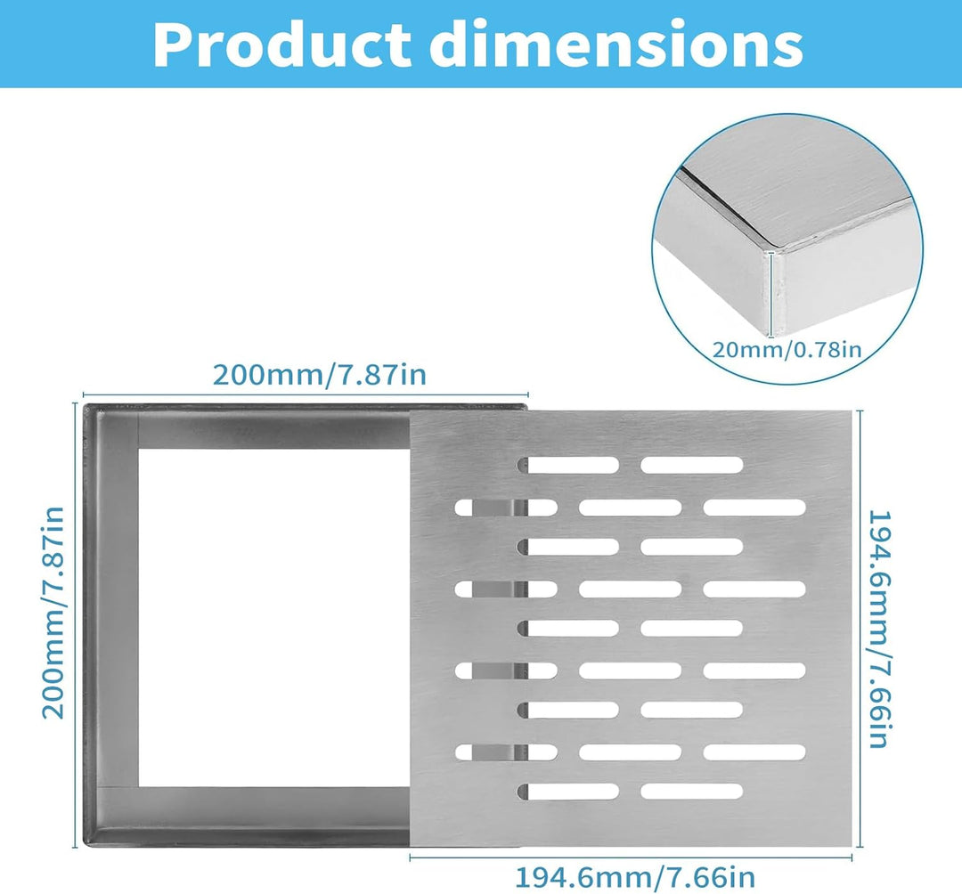 Bodenablauf Edelstahl 200×200 mm mit Rahmen, quadratisches Abflussgitter | Rostfreie Ablaufabdeckung