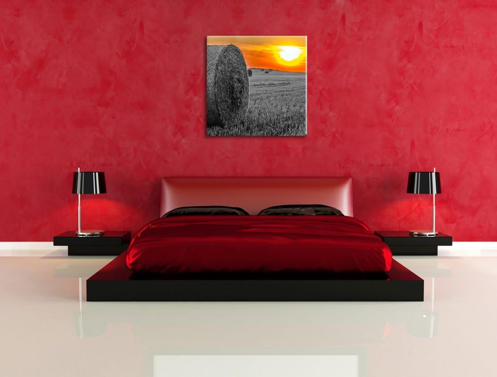 Pixxprint Strohballen auf Feld als Leinwandbild/Grösse: 70x70 cm/Wandbild/Kunstdruck/fertig bespannt