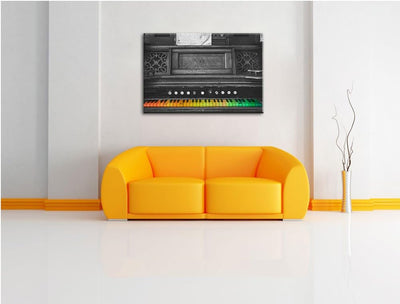 altes Klavier mit bunten Tasten schwarz/weiss Format: 100x70 auf Leinwand, XXL riesige Bilder fertig