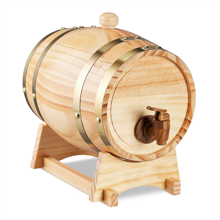 Relaxdays Schnapsfass, 2,2 l, Holz, Whiskyfass mit Bock & Zapfhahn, für Whisky, Wein, Spirituosen, D