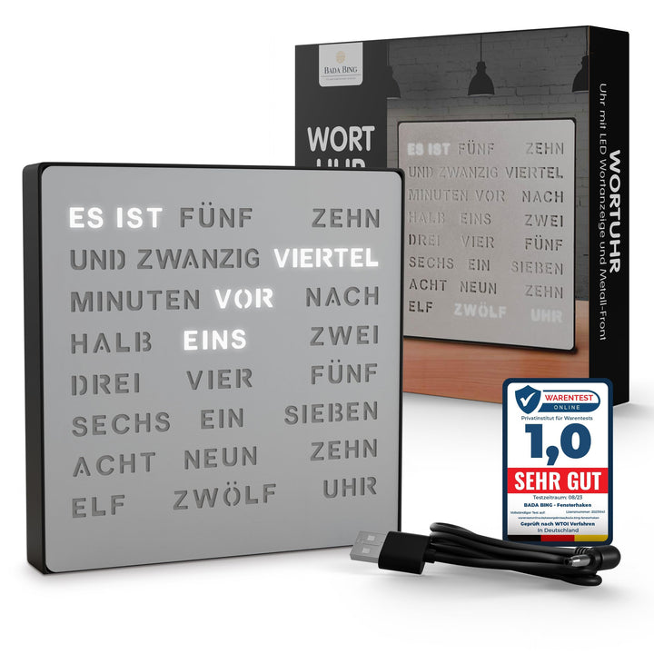 Bada Bing Edle LED Wortuhr Uhr Deutsche Wort Anzeige mit USB Kabel Metall Optik Silber Design Wanduh