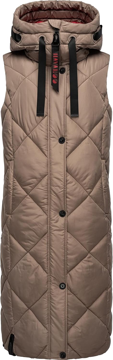 Navahoo warme Damen Winter Steppweste lang mit Kapuze Schnuckel XS-XXL L Dark Taupe, L Dark Taupe