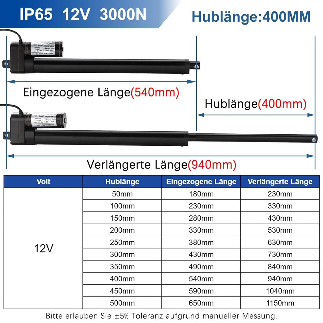 400mm Hub 3000N IP65 Wasserdicht Linearantrieb 12V Linear Actuator Linearmotor 5mm/s Mit Montagebüge