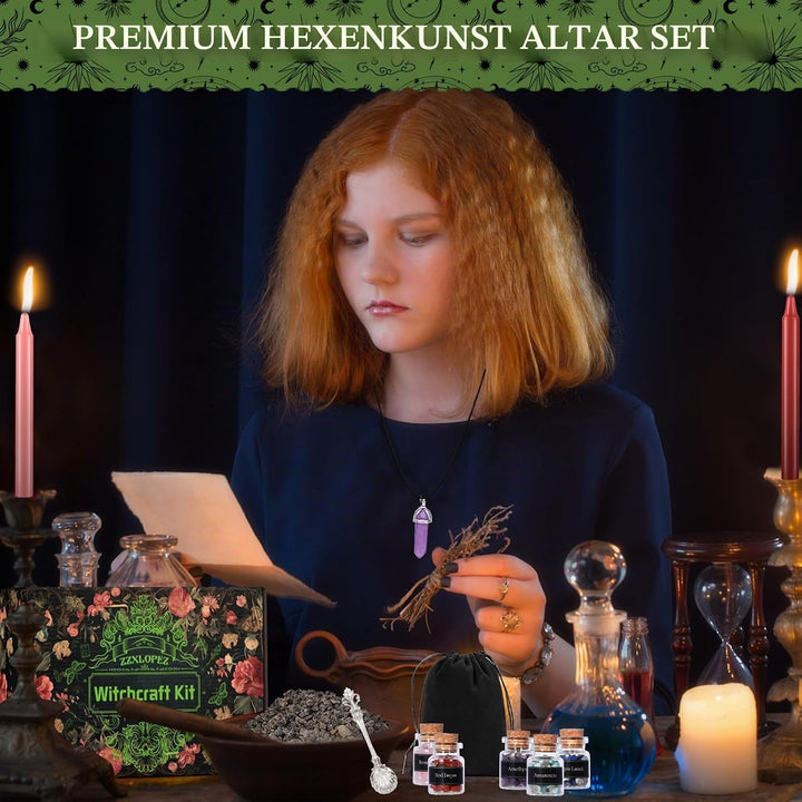 ZZXLOPEZ Starter Witch Kit 122 Stück Witchcraft Kit, Kerzen Kleine, Trockenblumen, Kristallen, Messl