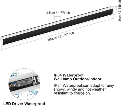 Klighten LED Lange Wandlampe IP54 Wasserdicht Wandbeleuchtung Schwarz Aussenleuchten Eisen Acryl Wan