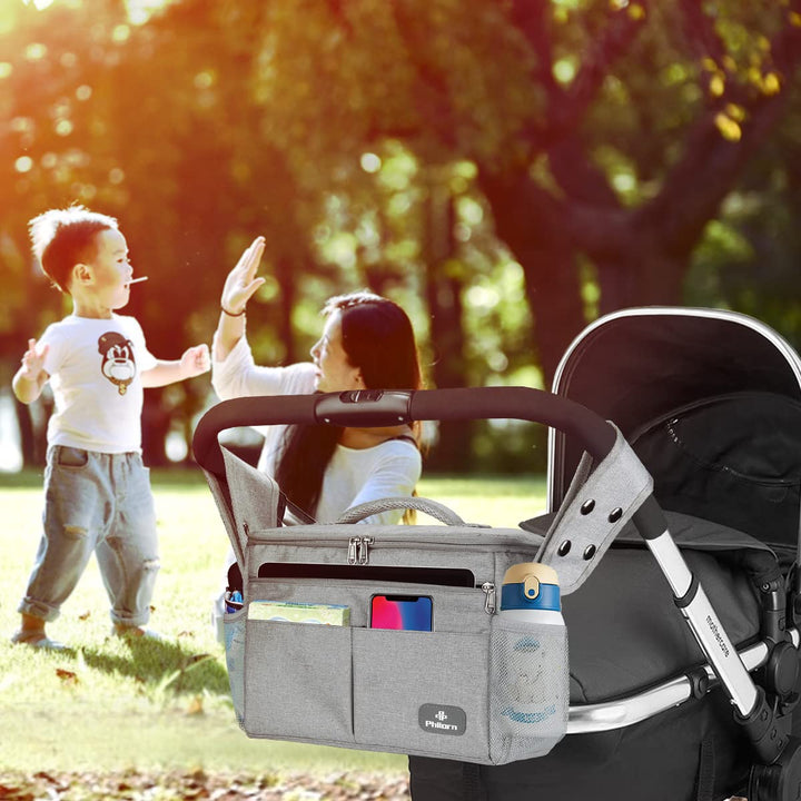 PHILORN Kinderwagen Organizer mit Isolierte Getränkehalter, Schultergurt Grosse Kapazität, Universal