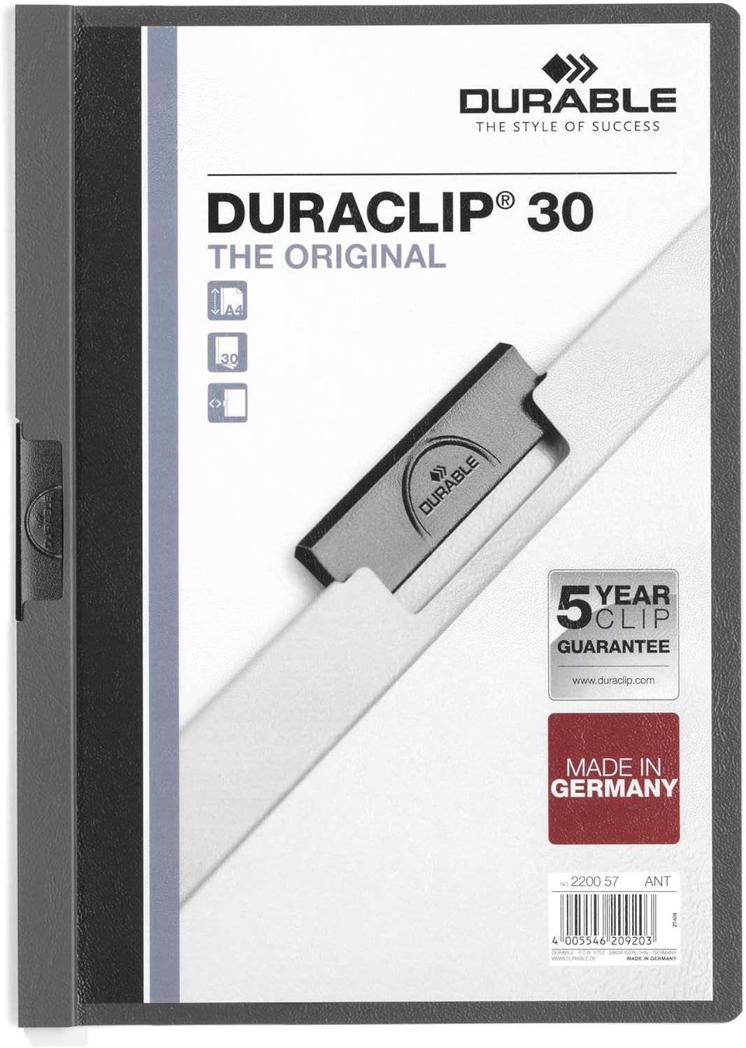 Durable Klemm-Mappe Duraclip Original 30 (für 1-30 Blatt A4), 25 Stück, anthrazit/grau, 220057 anthr