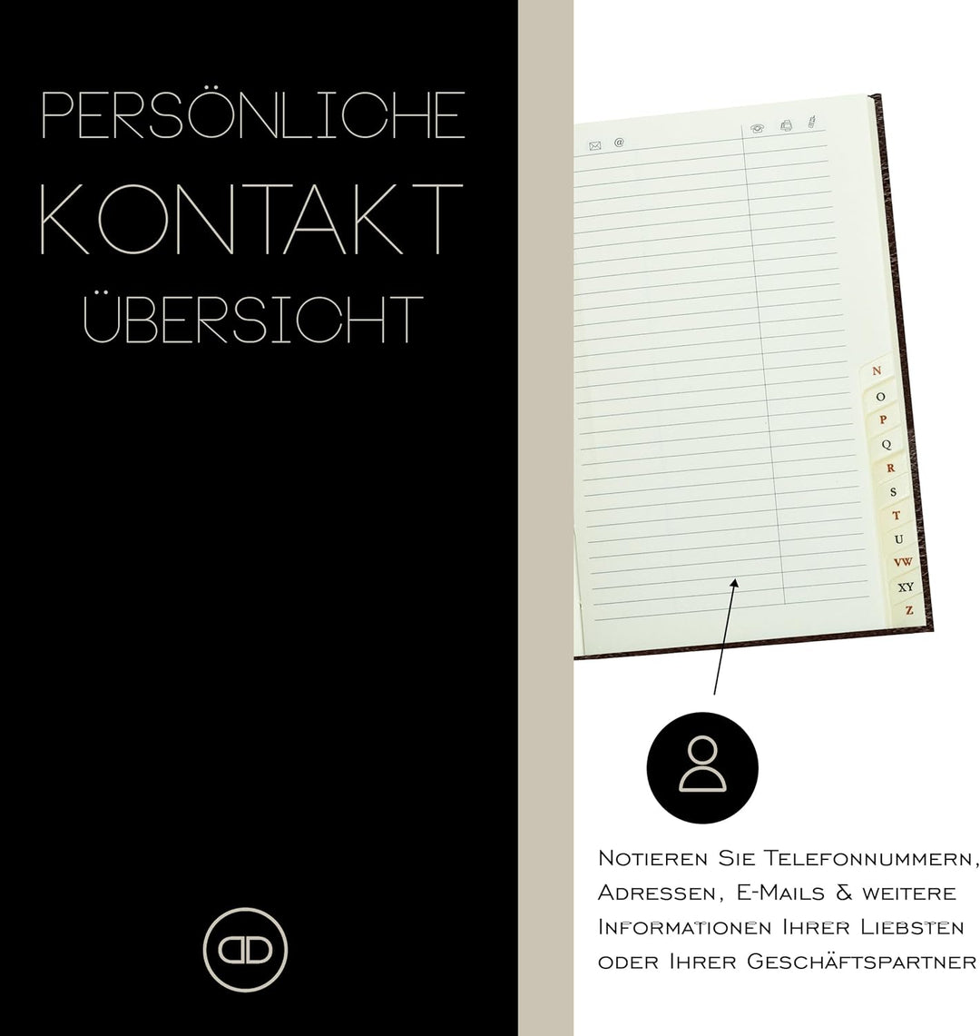 DELMON VARONE - Personalisierbares Adressbuch DIN A7 gebunden mit A-Z Register Anilin Vintage Premiu