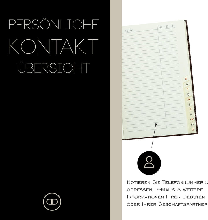 DELMON VARONE - Personalisierbares Adressbuch DIN A7 gebunden mit A-Z Register Anilin Vintage Premiu