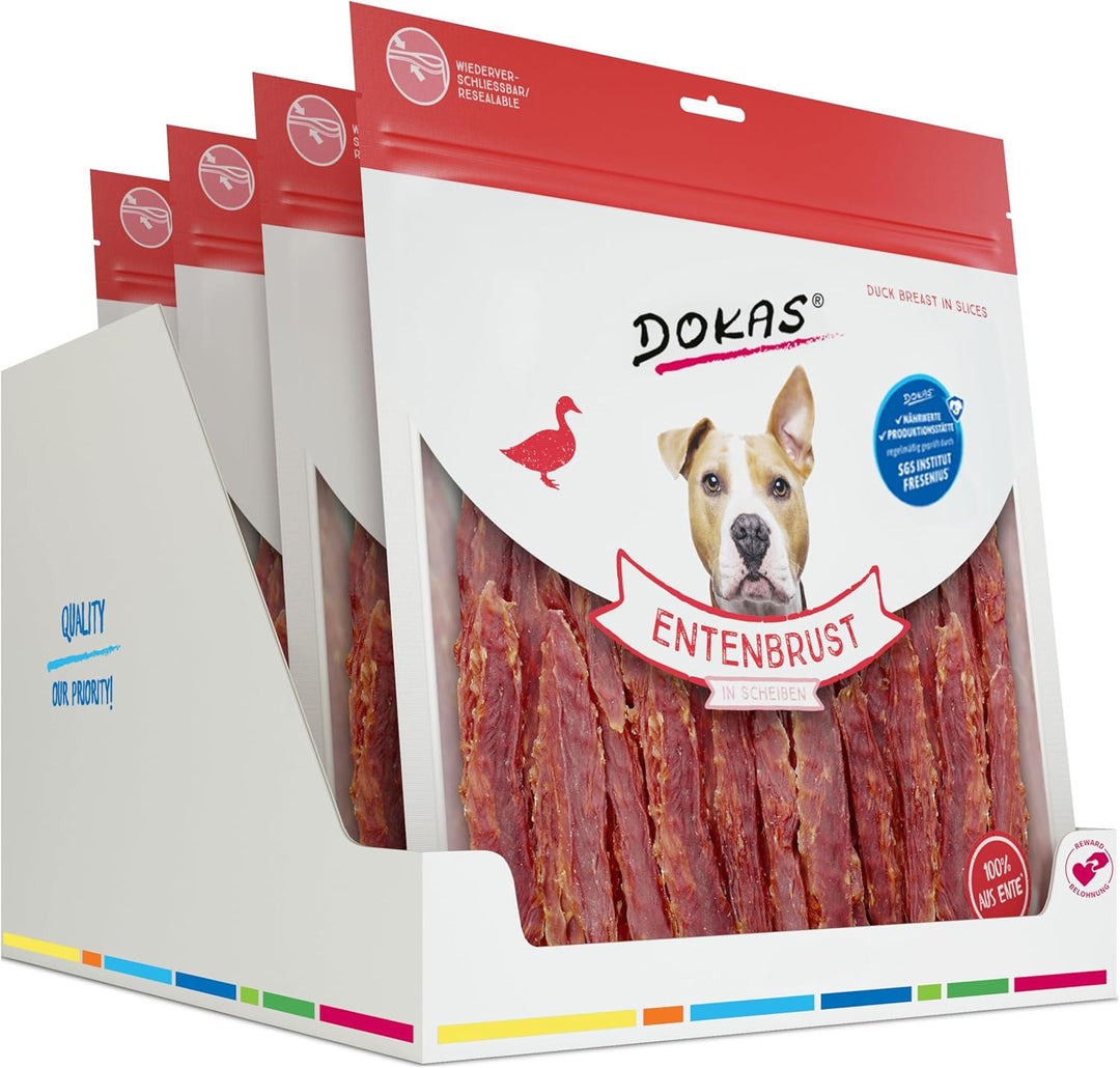 DOKAS Getreidefreier Premium Snack in Streifen für Hunde – Aus Entenbrustfilet, 900 g (4er Pack)