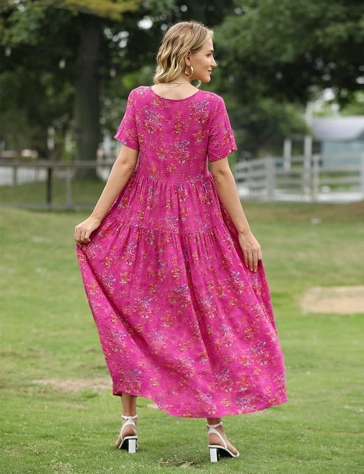 YESNO Damen Kleider Freizeit Lose Sommerkleid Lang Boho Maxikleid für Rundhals Strandkleid Blumenkle