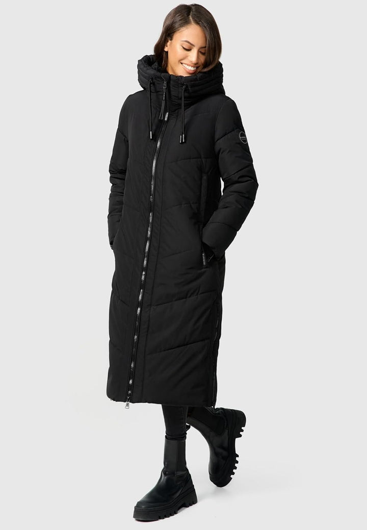 MARIKOO Damen Wintermantel warmer Steppmantel lang mit verstellbarer Kapuze und hohem Kragen Nadaree