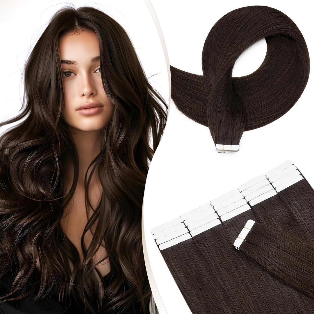 Elailite Echthaar Extensions Tape in #2 Dunkelbraun 20 stück Invisible Kleber Haarverlängerung Klebe