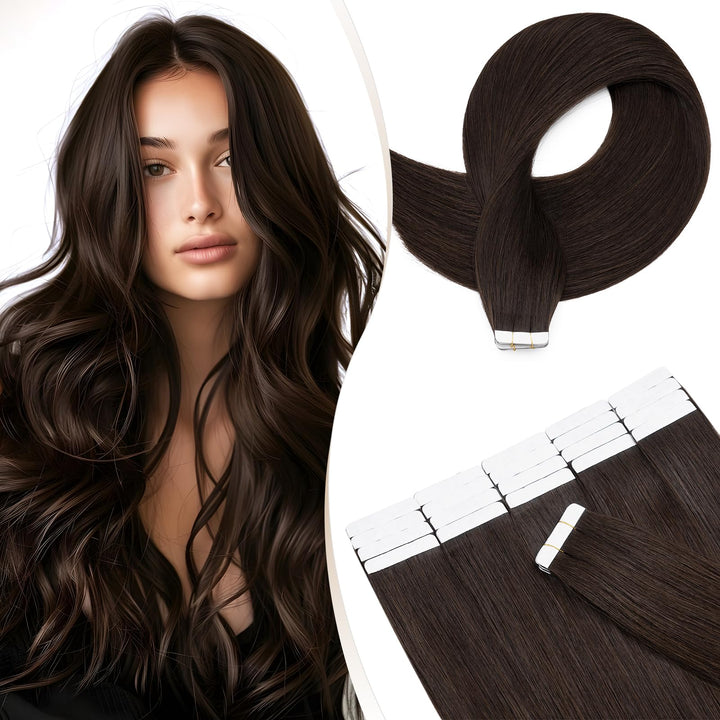 Elailite Echthaar Extensions Tape in #2 Dunkelbraun 20 stück Invisible Kleber Haarverlängerung Klebe